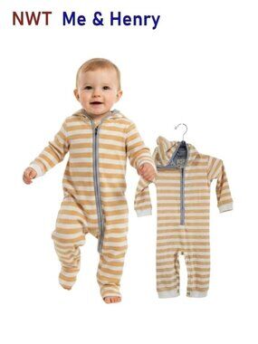 Me & Henry Light Orange Stripe Hooded Romper - 100% cotton - Size 12/18m